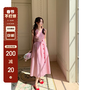 春夏CHUNXIA法式优雅气质红色连衣裙2023新V领一片式无袖条纹长裙