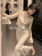 RIXO EXIT法式气质小香风蕾丝拼接上衣收腰鱼尾裙两件套装女秋冬