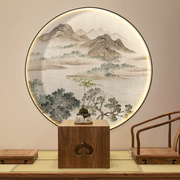 山水新中式禅意玄关装饰画背景墙，壁纸3d国画，茶室壁画圆形客厅餐厅