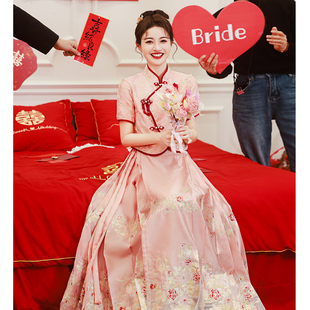 粉色马面裙敬酒服新娘，新中式婚服结婚礼服，订婚套装国风改良汉服女