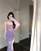 高级感紫色吊带连衣裙，女夏季性感内搭裙子，中长款鱼尾裙紧身包臀裙