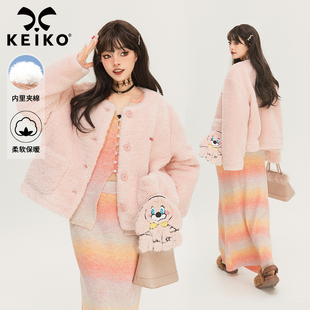 KEIKO 夹棉 少女感粉色羊羔毛短外套冬季韩系绣花装饰棉服夹克
