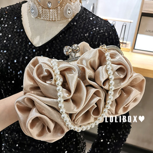 LOLIBOX中古风手工花朵缎面珍珠链手提包女小包斜跨礼服晚宴会包