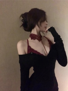 性感 蕾丝挂脖吊带内搭v领胸衣上衣黑色套装女酒红色纯欲吊带打底