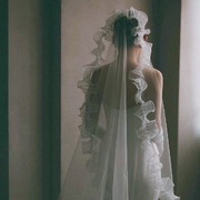 简约珍珠荷叶波浪边新娘头纱影楼样片造型头饰摄影跟妆道具发饰白