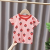 韩版品牌童装2024夏季女童草莓卡通纯棉短袖运动T恤 宝宝衣服