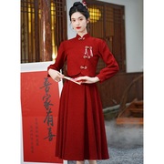新中式旗袍敬酒服新娘红色两件套春冬长袖回门连衣裙套装订婚礼服
