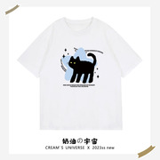 奶油的宇宙 卡通黑色猫咪短袖T恤女日系风小个子百搭半袖夏季