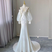 复古蕾丝轻婚纱2023法式缎面，鱼尾礼服气质，新娘出门迎宾轻婚纱