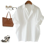 复古港味短袖衬衫女2023夏洋气(夏洋气)百搭白色衬衣宽松蝙蝠袖领上衣