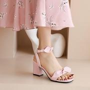 鞋女女鞋粉色绿色花朵脚腕绑带粗跟高跟大码凉鞋 48 小码 32 xj