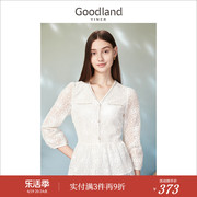 goodland美地女装春季v领镂空蕾丝钉珠，设计白色衬衫上衣