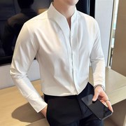 英伦风潮流衬衫男长袖冬季高级感h韩版修身v领商务休闲白衬衣(白衬衣)