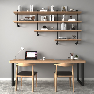 实木书桌书架组合书柜，一体挂墙一字板长条，卧室台式双人电脑桌