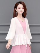 短款披肩女2022韩版七分袖袖系带小开衫雪纺纯色罩衫配裙子小外搭