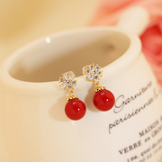 韩国耳饰珍珠耳环红色新娘耳钉，无耳洞耳夹款假耳钉结婚饰品女