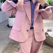 洋气韩系粉紫色廓形斜纹休闲西装，通勤百搭枯玫瑰色西服外套男友风