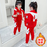 女童冬装三件套2022韩版网红儿童卫衣套装加绒洋气加厚童装潮