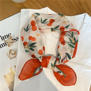 法式花朵樱桃小方巾丝巾，女百搭春秋头巾，包头薄款夏季发带围脖围巾