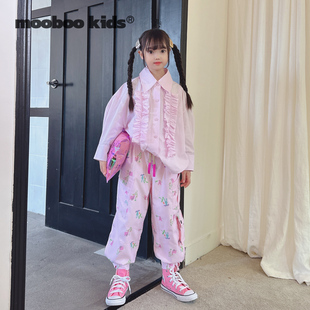 墨宝童装_早秋紫粉荷叶，边衬衫+两穿工装裤，小学生8岁大童女孩秋季