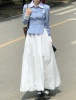韩系蓝色条纹长袖衬衫女秋季修身收腰显瘦a字白色半身长裙两件套