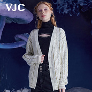 VJC/威杰思秋冬女装白色中长款针织艺术线条毛衣开衫