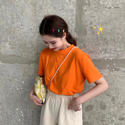 糖果橘色短袖t恤女宽松纯棉，净版纯色亮橙色，上衣ins超火2023夏