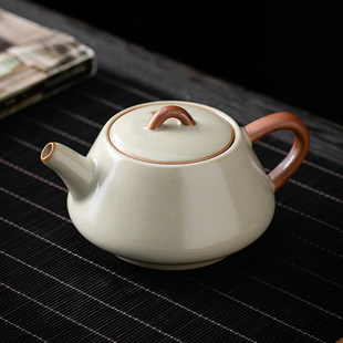 米黄汝窑茶壶单个家用陶瓷小号石瓢壶开片可养汝瓷功夫茶具泡茶器