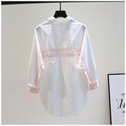 拼接粉色条纹蝙蝠袖棉衬衫女韩版春季时尚设计感中长款白衬衣上衣