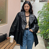 韩国chic复古个性西装领双排，扣宽松双口袋休闲长袖机车皮衣外套女
