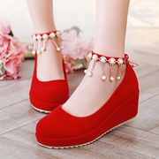 红色新娘鞋春秋季孕妇结婚鞋，坡跟5厘米8厘米，鞋跟单鞋高跟女鞋婚礼
