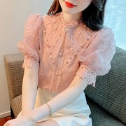 香港TIMO雪纺衬衫女夏季2024气质蕾丝泡泡袖上衣时尚洋气短袖小衫