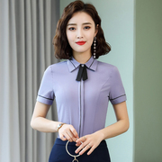 蓝色衬衫短袖职业套装夏季时尚，气质白领珠宝销售工作服上衣女韩版