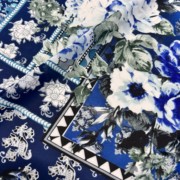 雪纺印花布料，微透格子花朵蓝色系，连衣裙衬衫面料