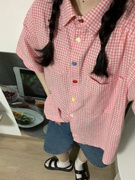 粉红色格子短袖衬衫女薄款夏装学生韩版宽松bf慵懒风休闲百搭上衣