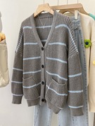 广州十三行女装法式复古灰色条纹毛衣外套女秋冬小众针织开衫