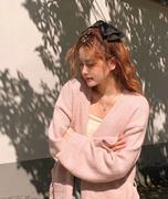中长款毛衣外套女春秋2023法式慵懒温柔风奶fufu粉色针织开衫