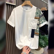 拼接短袖男t恤2024夏季工装，风圆领上衣，潮流宽松打底体恤半袖