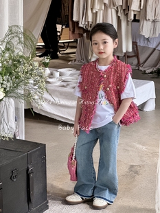 韩国童装24春夏女童气质小香风马甲+儿童牛仔直筒裤+卡通短袖T恤