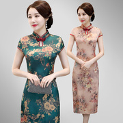 旗袍复古中长款夏款改良修身中国风新式显瘦中年女妈妈连衣裙短袖