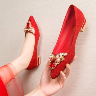 婚鞋2022年大红色秀禾细跟新娘鞋结婚纱低跟孕妇日常可穿单鞋