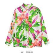欧美女装   热带风树叶花朵印花垂性女士衬衫宽松版型缎面衬衣潮