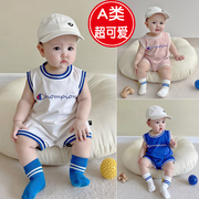 婴儿衣服夏天0-1岁男宝宝夏季薄款连体衣超萌哈衣蓝球，服背心球衣2