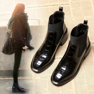 欧洲站chic鳄鱼皮靴子女短靴2024秋冬切尔西靴粗跟马丁靴女鞋