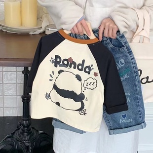 韩国儿童卡通t恤~可爱大熊猫字母印花撞色插肩袖套头棉质打底潮衫