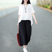 棉麻两件套装女韩版夏季宽松时尚，大码洋气休闲阔腿裤亚麻套装
