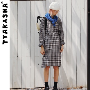 IP系列TYAKASHA塔卡沙裙子女2023黑白格子长袖连衣裙女