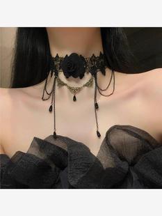 黑色蕾丝脖子配饰装饰项链，女项圈流苏吊坠，玫瑰花颈带choker暗黑系