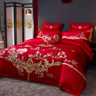 高端纯棉刺绣婚庆四件套大红色全棉结婚床上用品新婚喜被套件床品