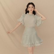 越南小众品牌MINT 2023夏季清新纯色甜美喇叭袖上衣+半裙套装